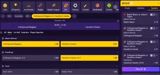 Place system bets on SpinBet – AFL match odds and multiple outcomes for Collingwood vs Hawthorn SpinBet AFL betting interface showing Collingwood Magpies vs Hawthorn Hawks odds and system betslip selections